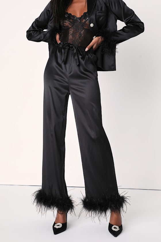 Dreamiest Delight White Satin Feather Two-Piece Pajama Set