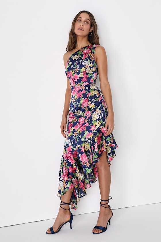 Divinely Blooming Pink Multi Floral One-Shoulder Midi Dress
